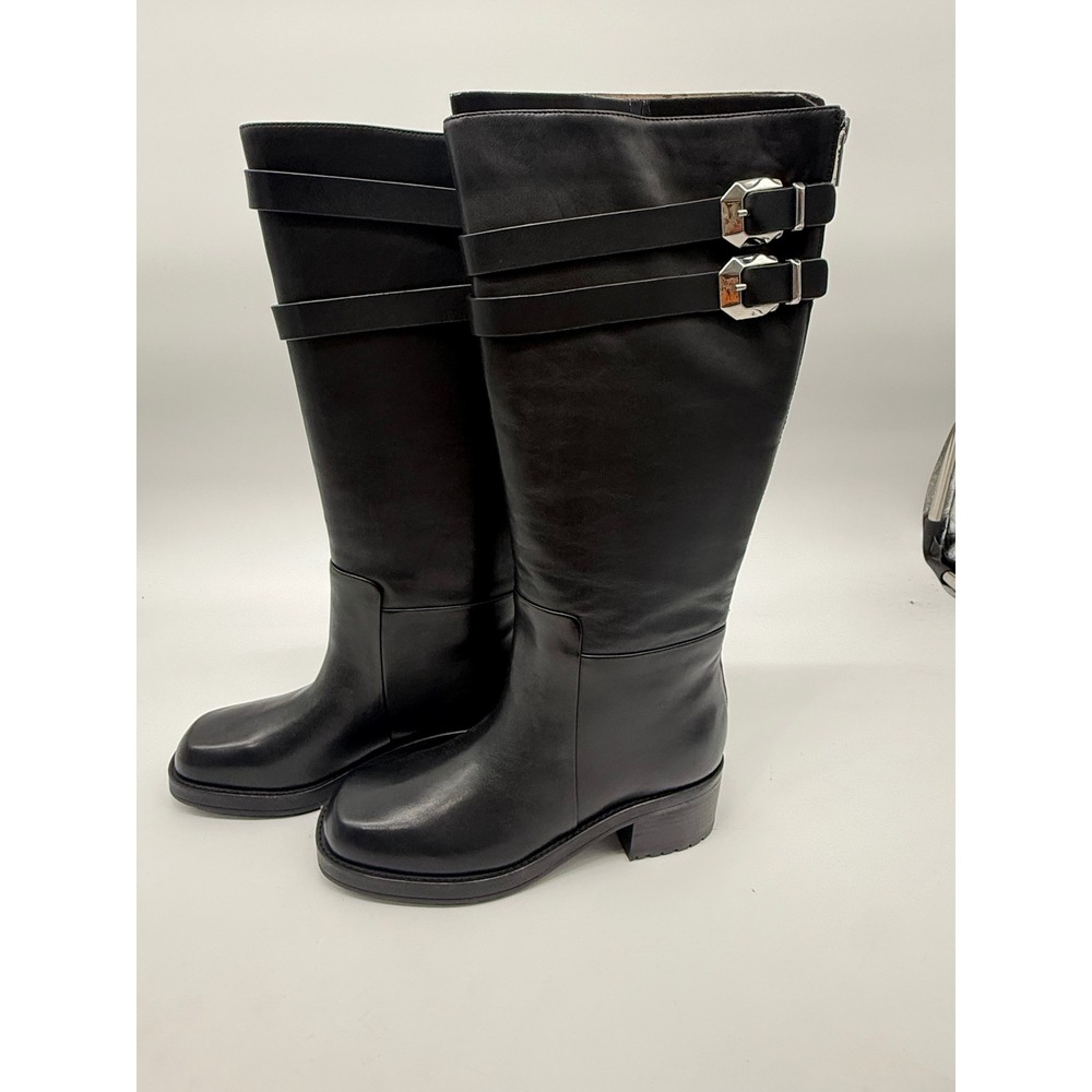 Marc Fisher Women's Dariya Black Leather Moto Tall Buckle Boots Lug Sole 11M